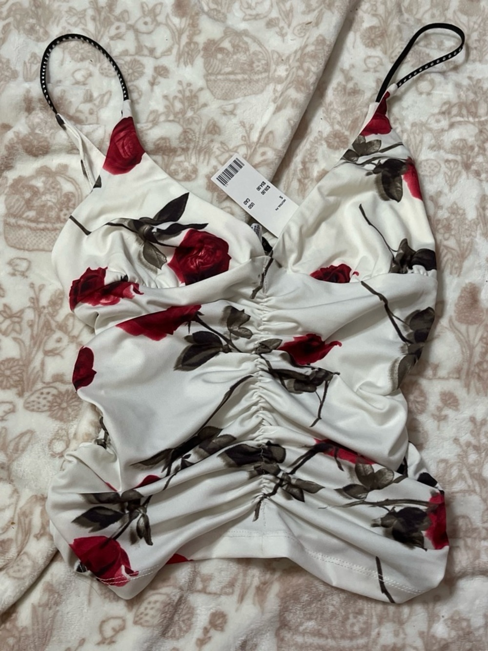White Floral Ruched V-Neck Tank Top with Red Rose Print